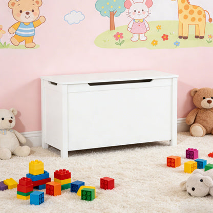 Kids Wooden Toy Box Storage with Safety Hinged Lid for Ages 2+ - White