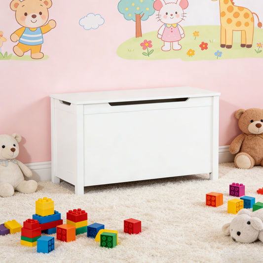 Kids Wooden Toy Box Storage with Safety Hinged Lid for Ages 2+ - White