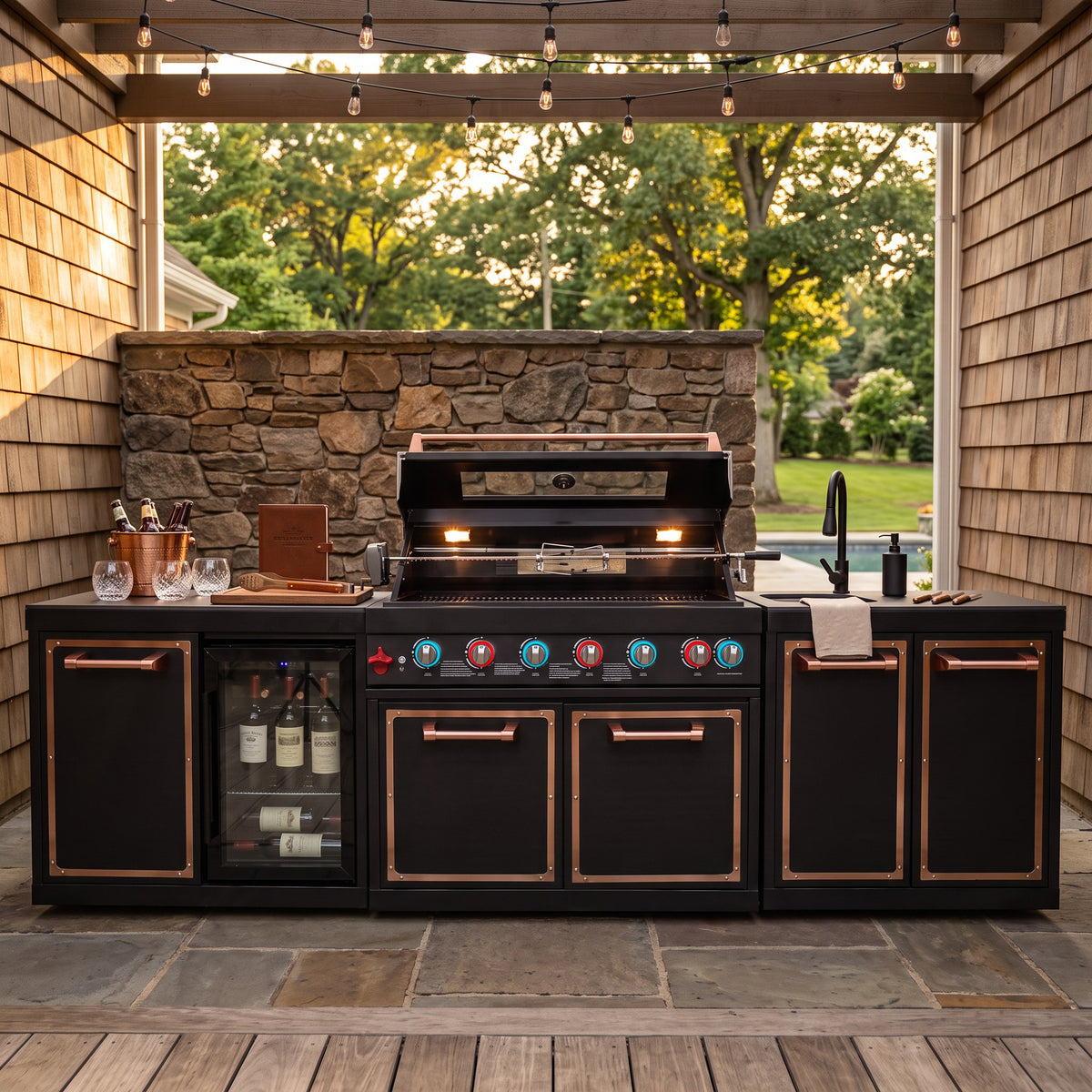 Luxury Black Titanium Outdoor Kitchen Island, 6-Burner 87,900 BTU Gas Grill with Infrared Rear Burner, 70L Refrigerator, Sink, Pull-Out Trash Bin, Rotisserie & Cover, Black/Rose Gold