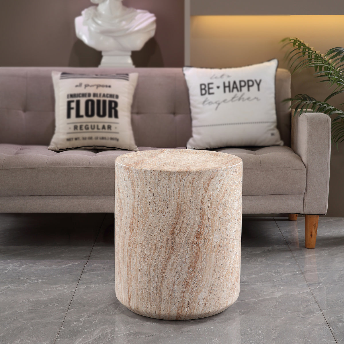 Tall Cylindrical Accent Coffee Table, MgO Faux Travertine Round Coffee Table, Indoor & Outdoor Decorative Table for Home Patio Yard, Dia 15.94" x H 18.31"