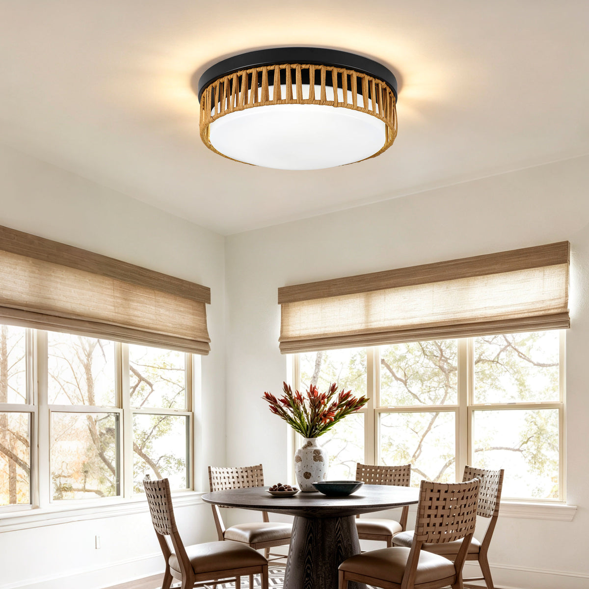 11.81" LED Flush Mount Ceiling Light, 14W 5CCT Selectable, Black & Wood Grain Metal Frame, Acrylic Shade