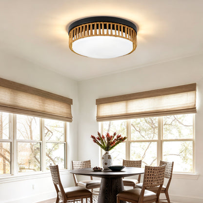 11.81" LED Flush Mount Ceiling Light, 14W 5CCT Selectable, Black & Wood Grain Metal Frame, Acrylic Shade