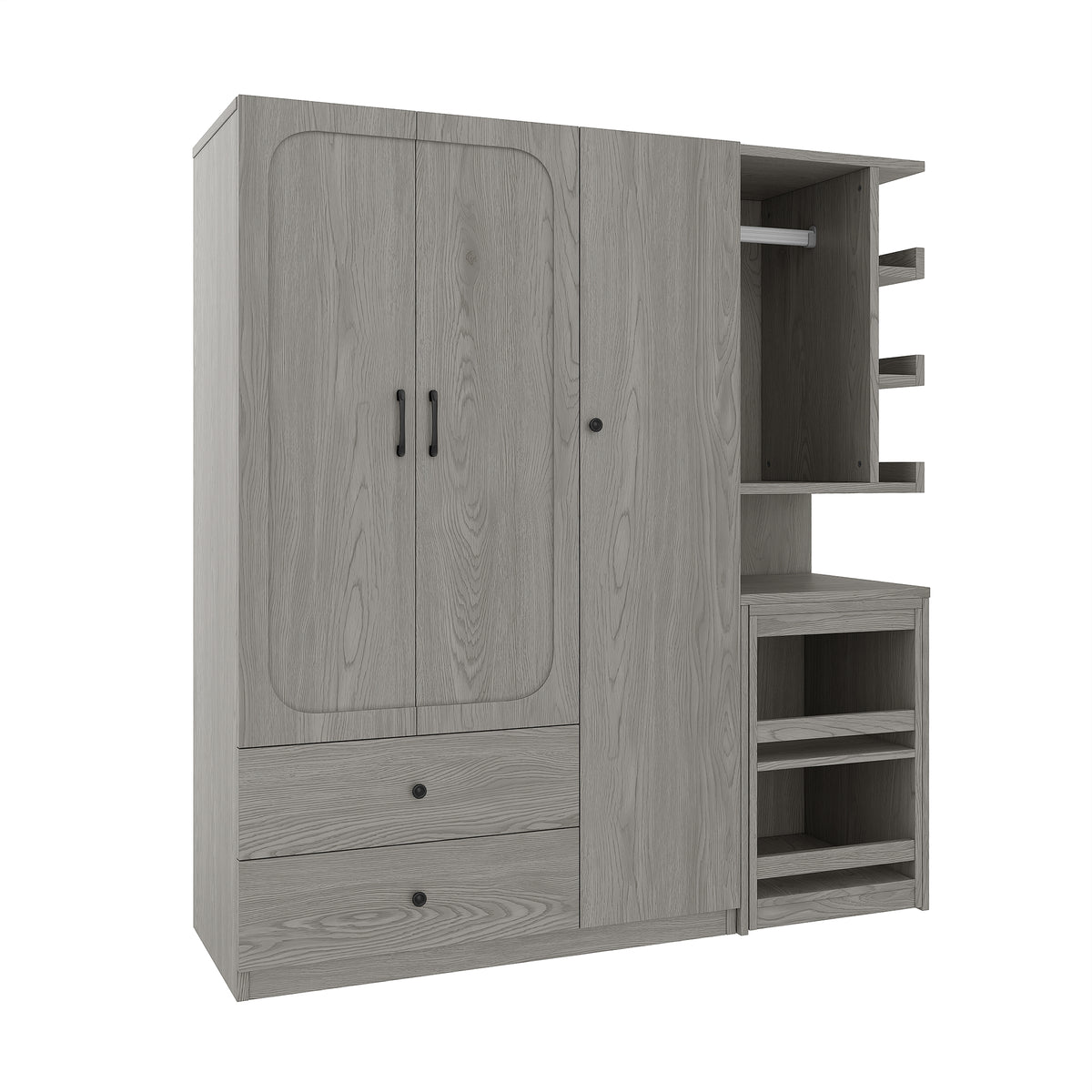 Multifunctional Wardrobe with 2 Doors and Hanging Rod, Wooden clothes closet with Convertible Desk and Storage Drawers – Model W1580S00476