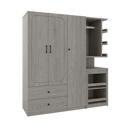Multifunctional Wardrobe with 2 Doors and Hanging Rod, Wooden clothes closet with Convertible Desk and Storage Drawers – Model W1580S00476