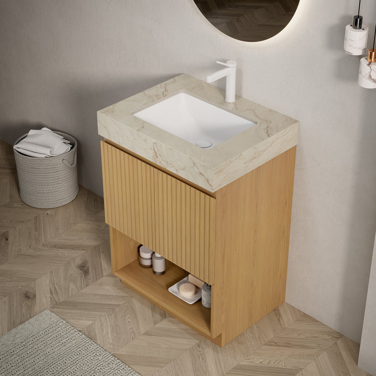 FINO 24" Bathroom Vanity&Sink,Freestanding Cabinet,Cream Gold Vein Sintered Stone Top&Ceramic Basin with 1 Pre-drilled Faucet Hole, Disassembled, Faucet & Drain Excluded, Corolla Oak Woodgrain Color