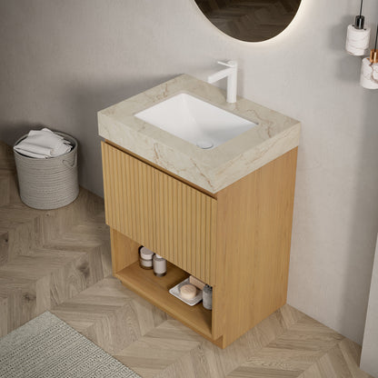 FINO 24" Bathroom Vanity&Sink,Freestanding Cabinet,Cream Gold Vein Sintered Stone Top&Ceramic Basin with 1 Pre-drilled Faucet Hole, Disassembled, Faucet & Drain Excluded, Corolla Oak Woodgrain Color
