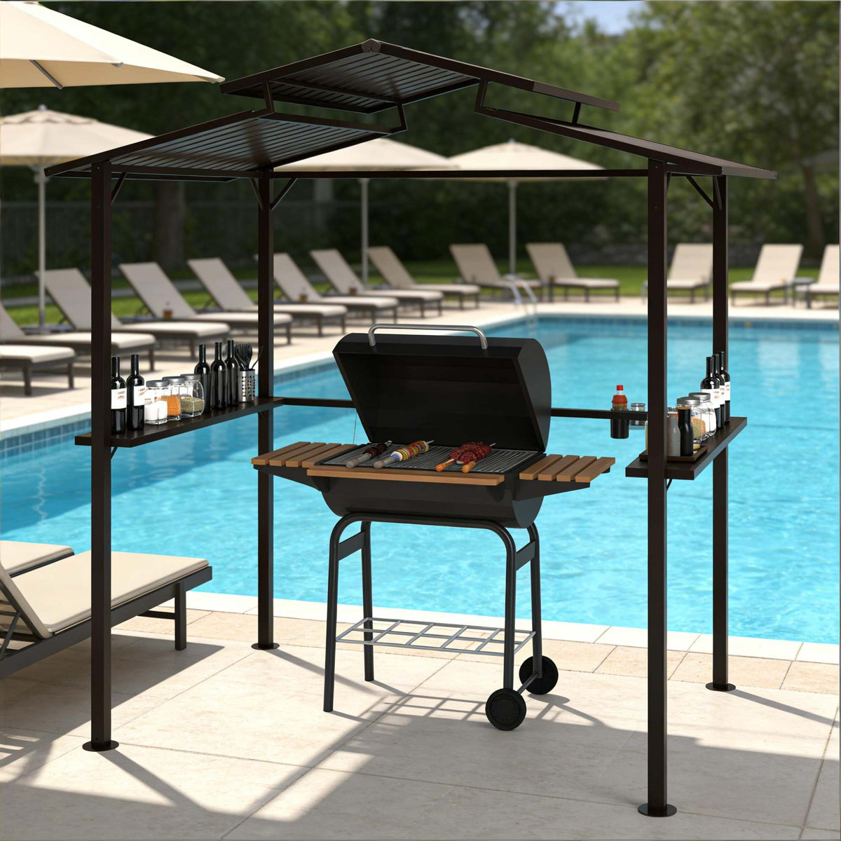 Outdoor Pergola Canopy, Pool BBQ Cooking Pergola Canopy, Hardtop Grill Gazebo