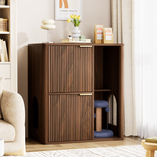 31.5-inch Walnut Cat Litter Cabinet with Cat Tree - Grooved Concealed Litter Furniture Featuring Dual Cat Doors and Storage Shelves, Versatile Pet Cabinet for Living Rooms or Bedrooms