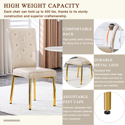 A set of 2 beige and gold vintage crocodile leather cushioned dining chairs, featuring crystal clasp design and artificial leather design, adding a touch of elegance and mystery to the dining area