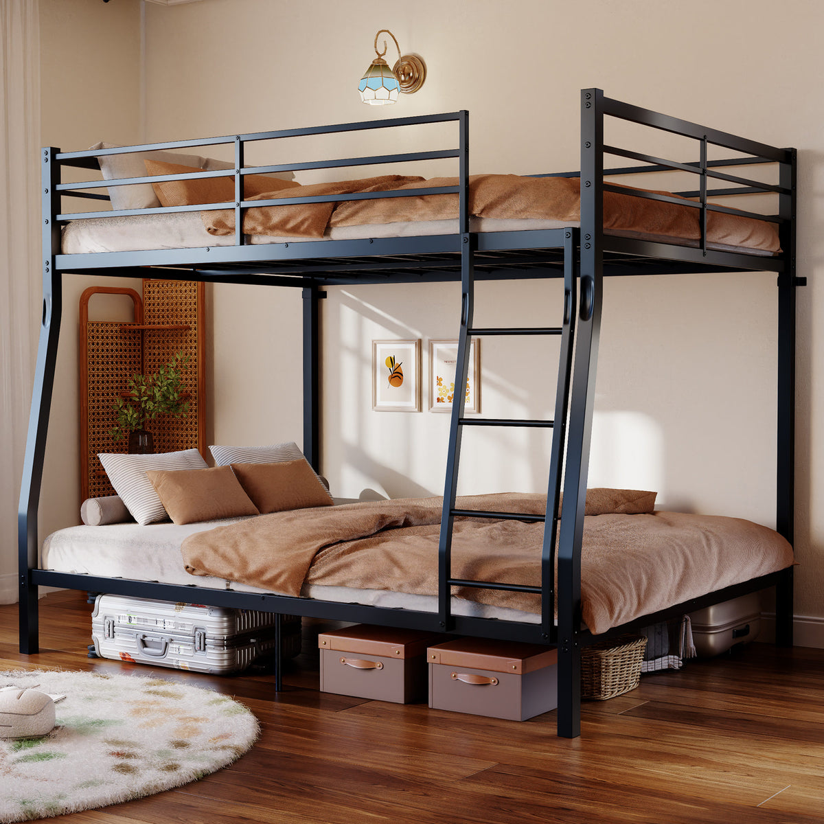 Metal Bunk Bed, Heavy Duty Full Over Queen Bunk Beds with 5 Extra Support Legs, 990 lbs Capacity, Noise-Free & Anti-Tip Design, 13.3" Safety Guardrail, Space-Saving Bed for Kids, Teens & Adults, Black