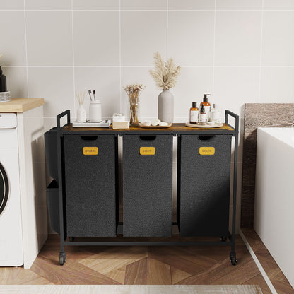 3 Section Laundry Hamper, Laundry Sorter with Wheels, Laundry Basket Organizer with Shelf & 3 Pull-Out Removable Bags, Dirty Clothes Hamper Organizer for Laundry Room Bathroom Dorm ,39.6 gallons(150L)