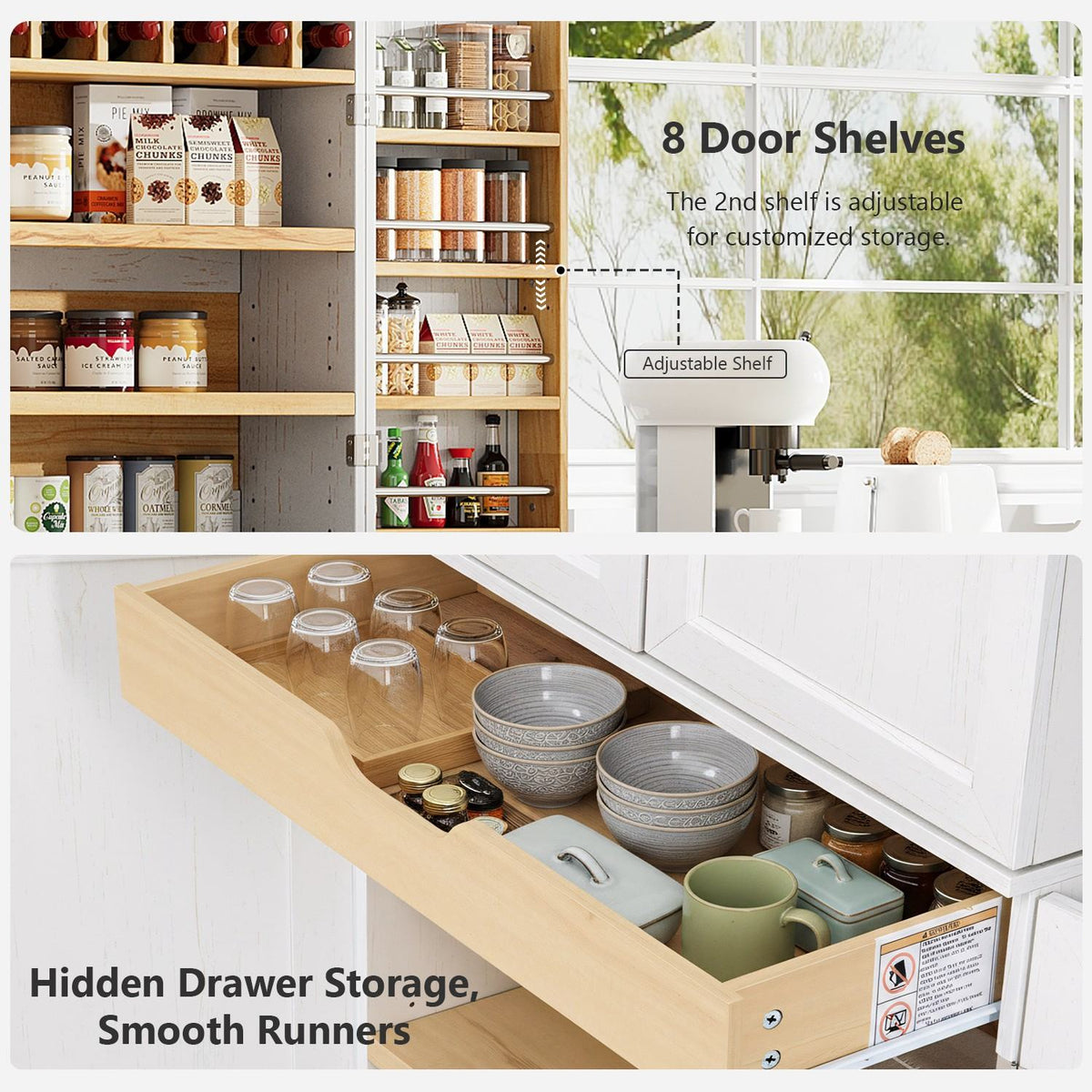 K&K 78.2" Tall Farmhouse Kitchen Pantry Cabinet with 8 Door Shelves, Storage Cabinet with 4 Adjustable Shelves, Hidden Drawer, Wine Rack