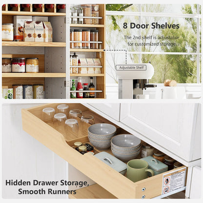K&K 78.2" Tall Farmhouse Kitchen Pantry Cabinet with 8 Door Shelves, Storage Cabinet with 4 Adjustable Shelves, Hidden Drawer, Wine Rack