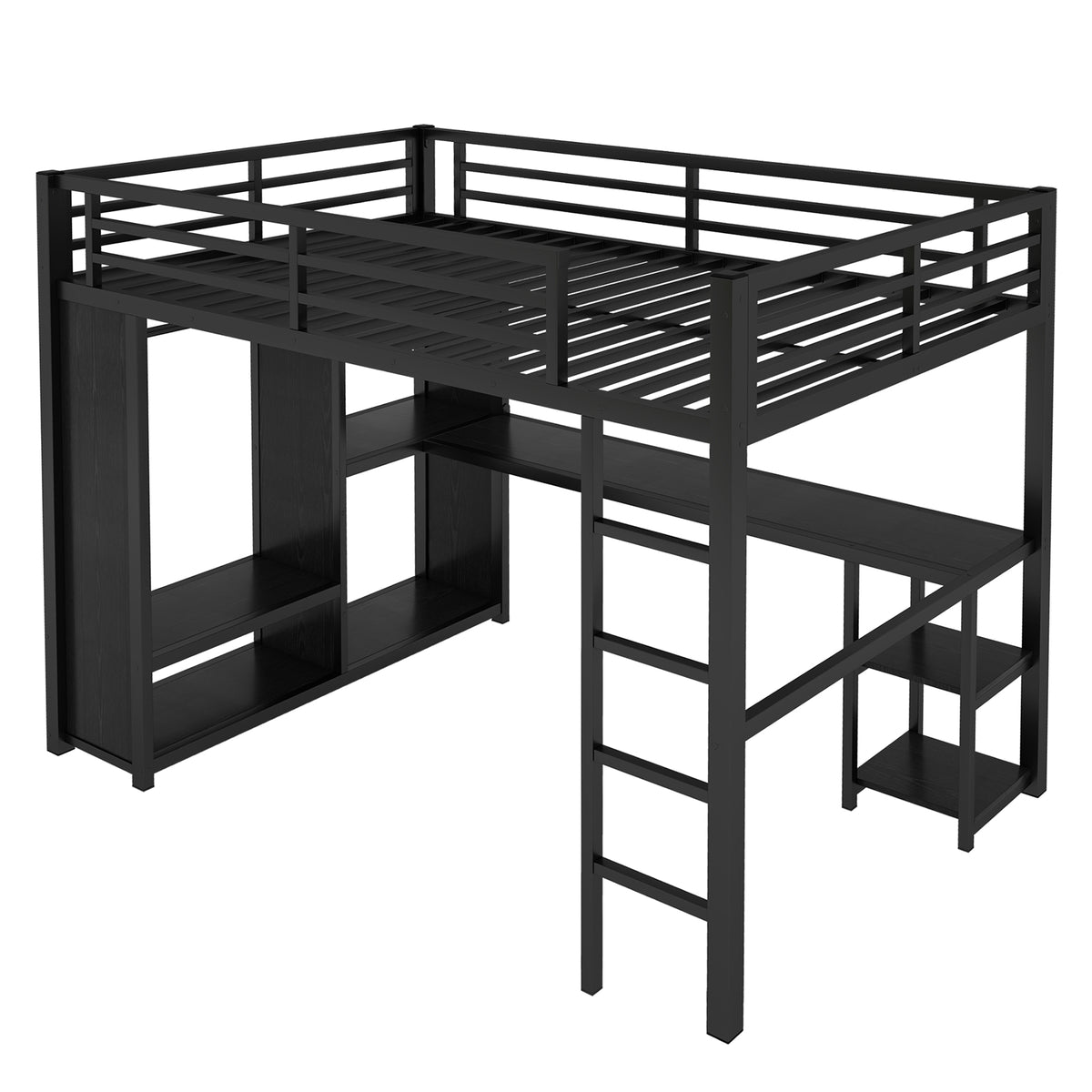 Full Size Loft Bed Frame with Built-in Wardrobe, Metal Loft Bed with Desk and Storage Shelves, Black