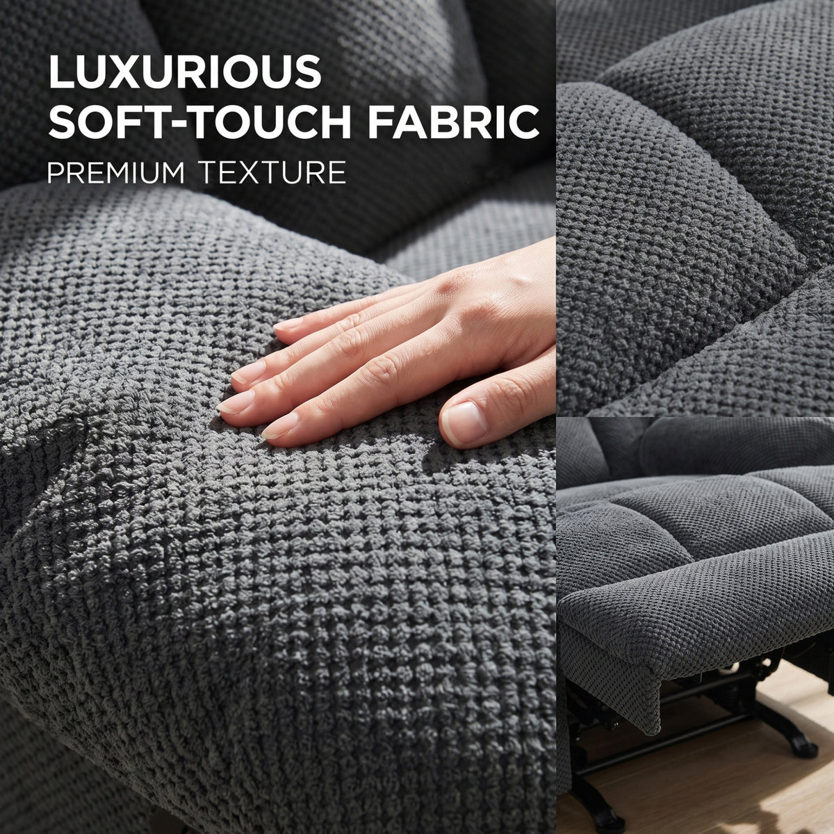 Modern Manual Rocker Recliner Chair with Nubby Upholstery Fabric in Dark Grey, Fabric +Wood and Metal Construction