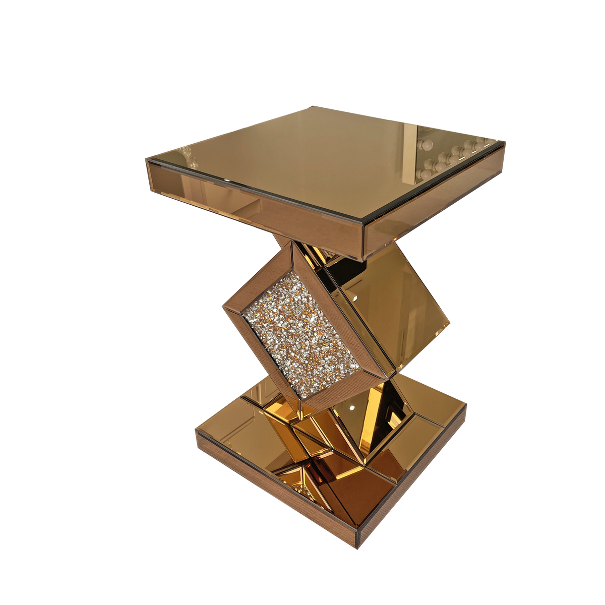 Crushed Diamond Mirrored End Table, Brown Side Accent Table, Small Mirrored Coffee Table for Living Room, Bedroom,