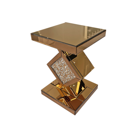 Crushed Diamond Mirrored End Table, Brown Side Accent Table, Small Mirrored Coffee Table for Living Room, Bedroom,