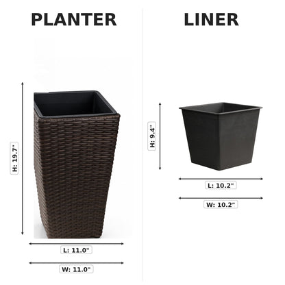 SOLHOME 19.7" Tall Poly Rattan Planter, Brown Tapered Plant Pot with Steel Frame – Indoor Outdoor Decorative Planter with PP Insert, Set of 2 Planters