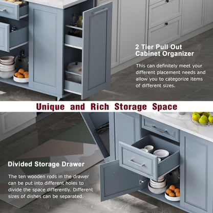 K&K 50.7" Kitchen Island with Storage Tilt Trash Can Cabinet and Pull Out Cabinet Organizer – Blue