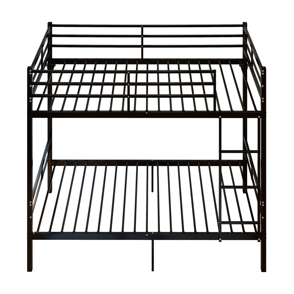 Metal bunk bed (single bed), suitable for children/teenagers/adults. 14.17-inch high guardrails. Single bunk with 19 crossbars and a weight capacity of over 400 lbs. Under-bed storage. Black.
