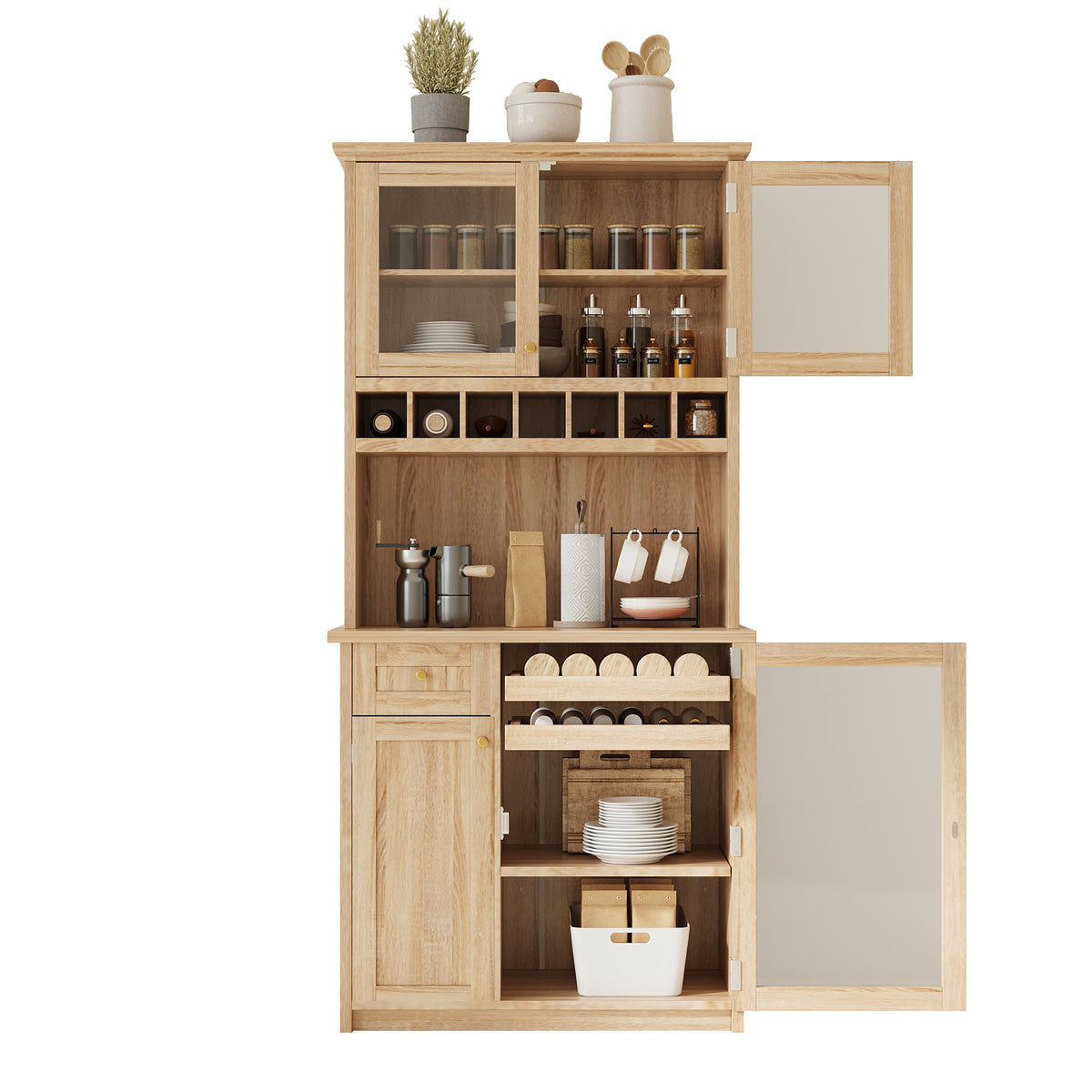 [Assembly Video Provided] TOPMAX Farmhouse 35.4x17.7x74.8inch Freestanding Buffet with Hutch – Natural
