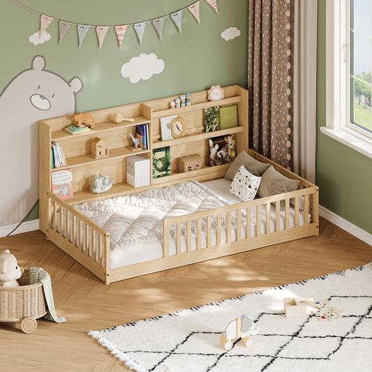 Twin Montessori Floor Bed with Bookshelf & Safety Rails, Natural,Solid pine wood kids bed with integrated bookshelf, low-to-ground Montessori design, safety fence rails and wide entrance.