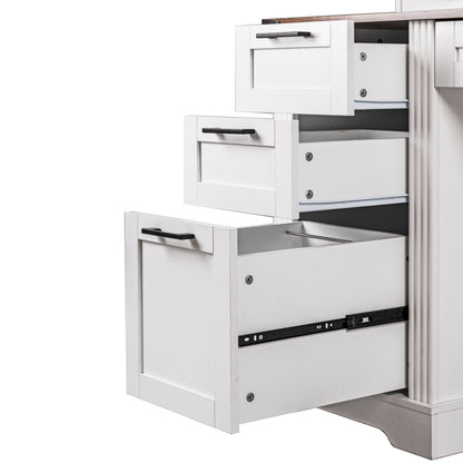 White Farmhouse Office Desk with Charging Station, Monitor Stand & Storage Cabinet, Barn Door Design, MDF, 59.5' L x 21' W x 35.8' H