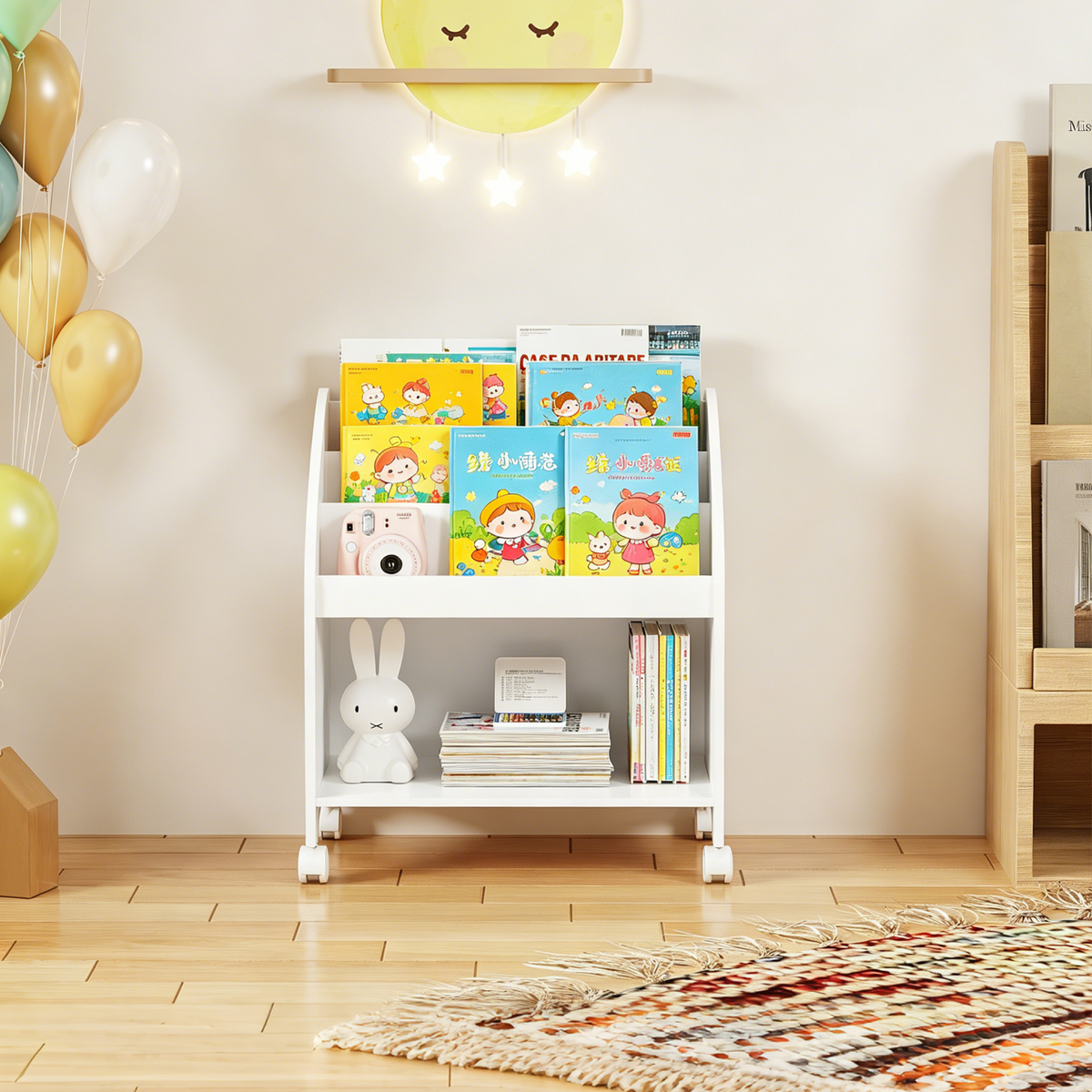 Kids Bookshelf with Wheels, 3-Tier Front Display Bookcase, MDF Rolling Book Organizer with 360° Lockable Casters, Children Storage Shelf for Nursery Bedroom Playroom