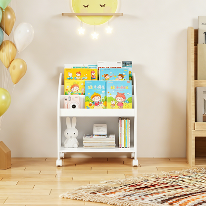 Kids Bookshelf with Wheels, 3-Tier Front Display Bookcase, MDF Rolling Book Organizer with 360° Lockable Casters, Children Storage Shelf for Nursery Bedroom Playroom