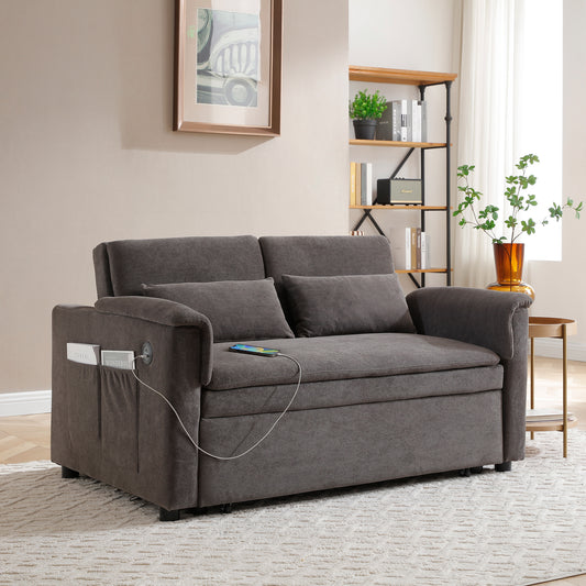 55" Velvet Two Seater Pull Out Sofa Bed, Adjustable Backrest With USB Ports, Two Side Pockets, 3 in 1 Convertible Sleeper Sofa Bed