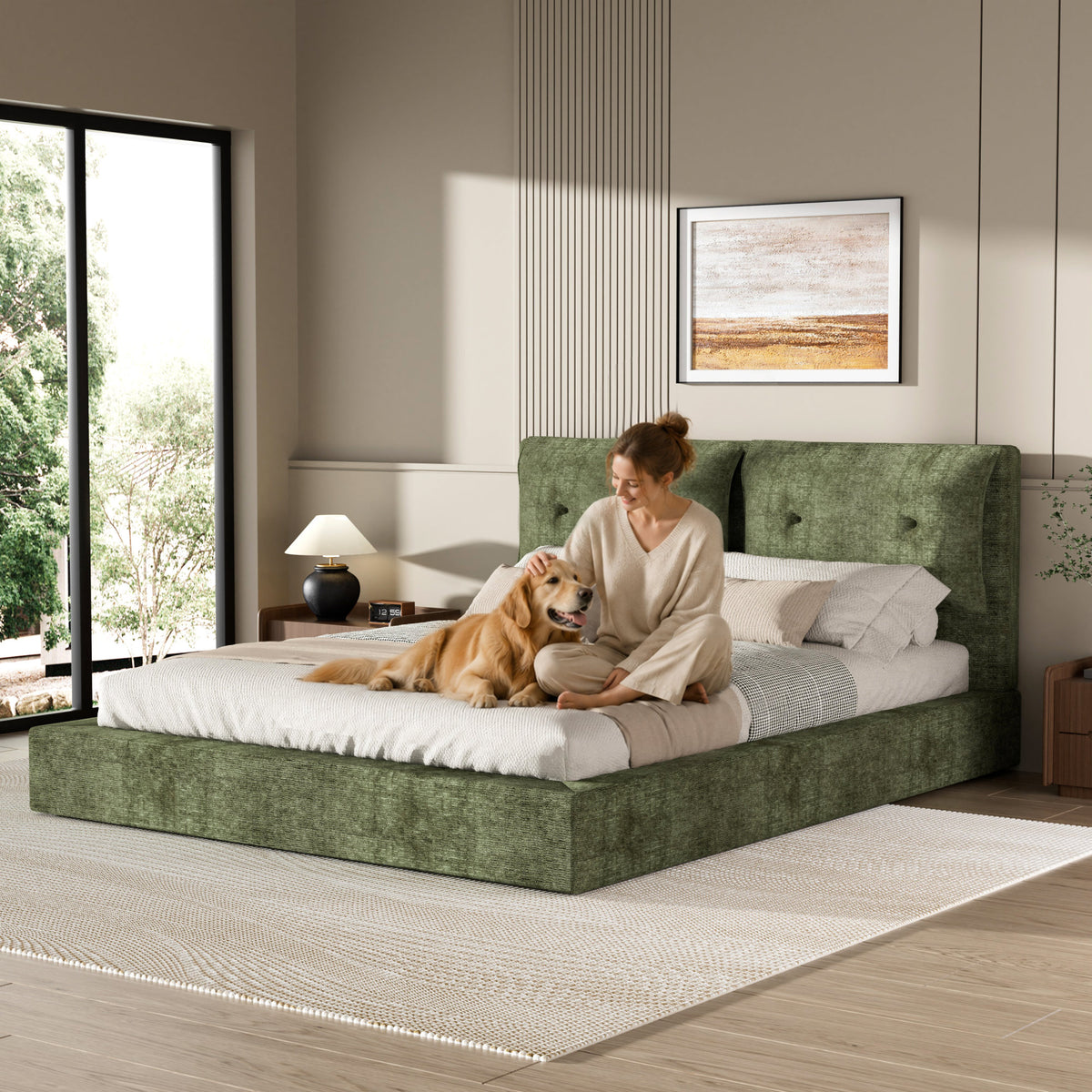 AirFrame Upholstered Bed Frame, a low, cloud-style bed frame with a double-layered upholstered headboard, 360° soft foam edging, and a metal base; easy to assemble; Queen size, Green