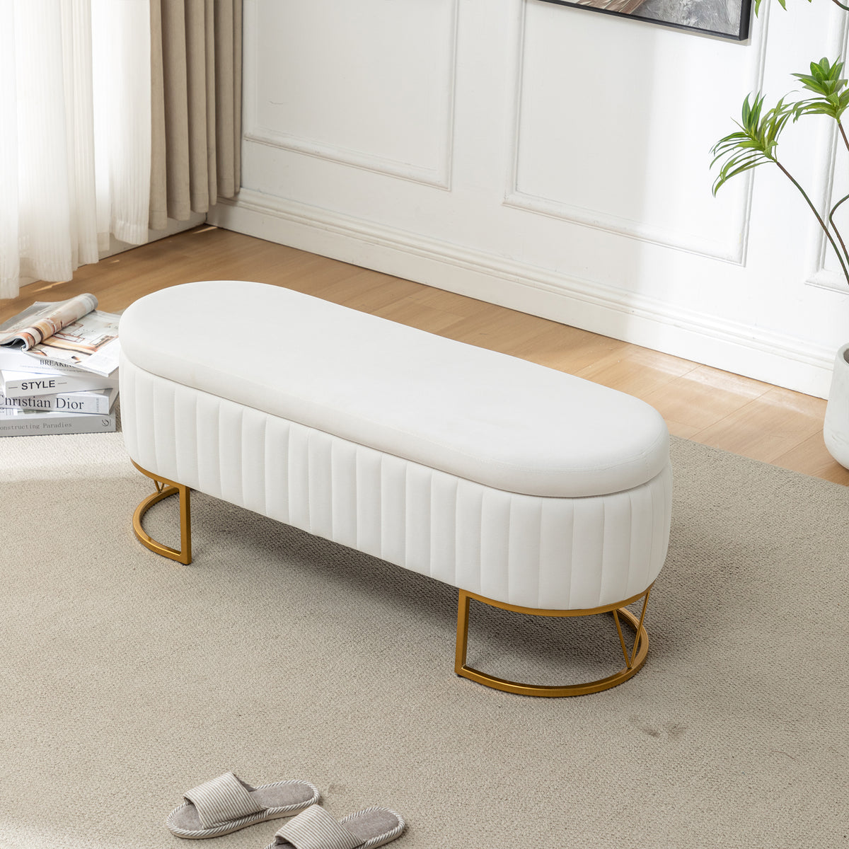 Storage Bench Bedroom Bench, Velvet Oval Upholstered End of Bed Bench with Golden Metal Legs, Modern Storage Ottoman Bench for Bedroom, Living Room, Entryway,Window,Ivory