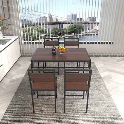 4-Piece Rectangular Dining Table Set with 4 Chairs, Industrial Wood Grain Kitchen Table with Built-in Wine Storage Rack, Space Saving Metal Frame Dinner Furniture for Apartment Kitchen Dining Room