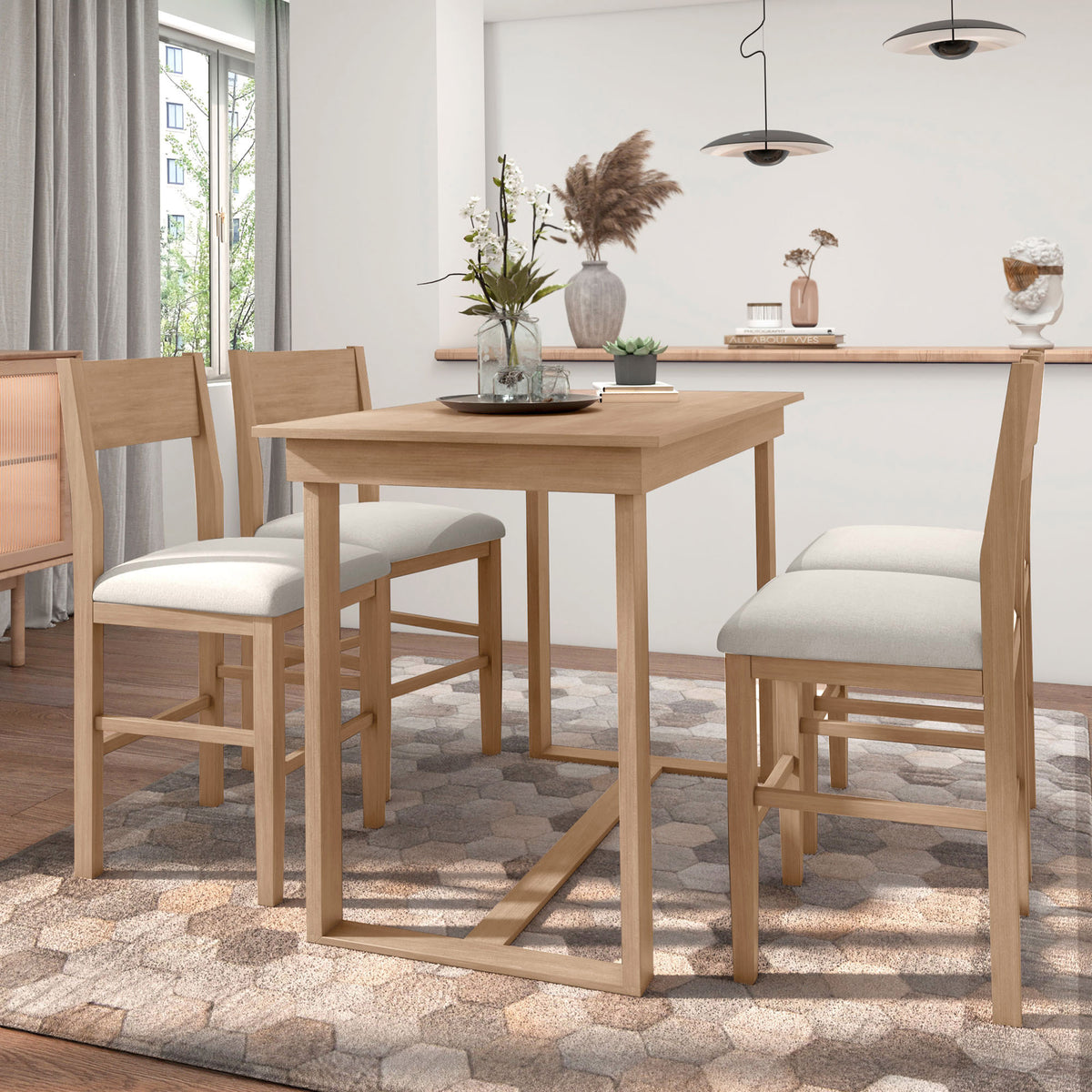 TOPMAX Farmhouse Counter Height 5-Piece Dining Table Set with 1 Rectangular Dining Table and 4 Dining Chairs for Small Places, Natural
