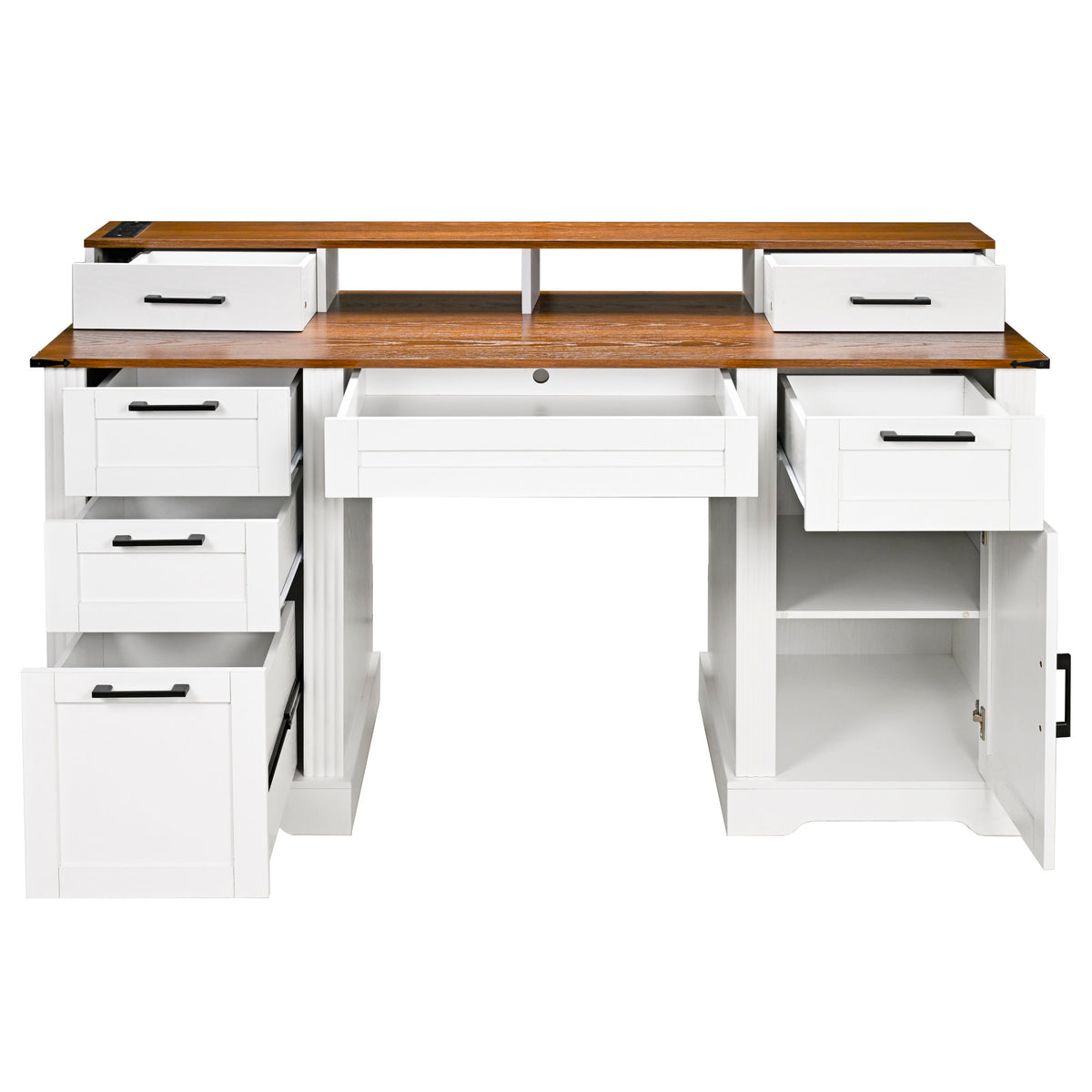 White Farmhouse Office Desk with Charging Station, Monitor Stand & Storage Cabinet, Barn Door Design, MDF, 59.5' L x 21' W x 35.8' H