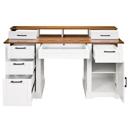 White Farmhouse Office Desk with Charging Station, Monitor Stand & Storage Cabinet, Barn Door Design, MDF, 59.5' L x 21' W x 35.8' H