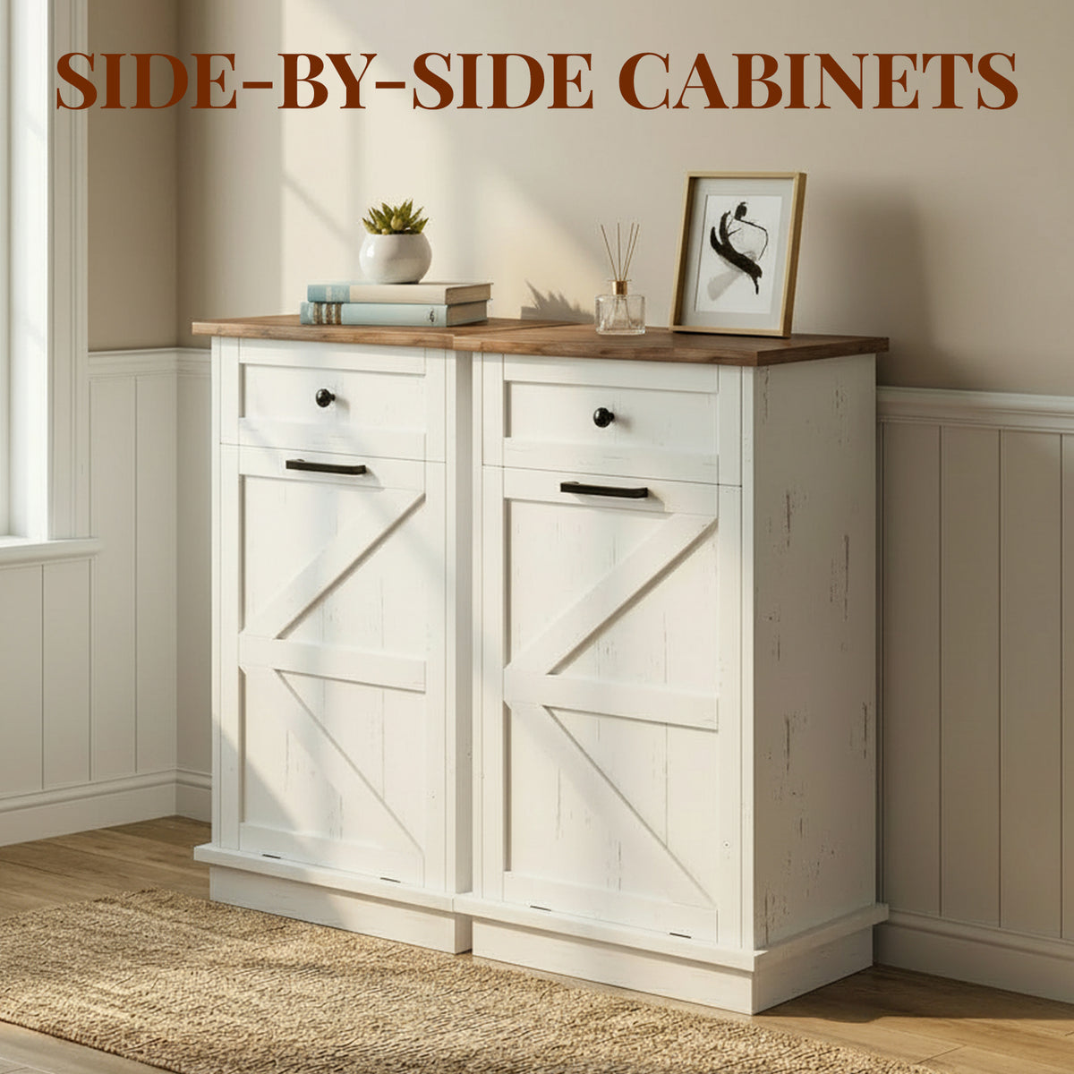 Tilt Out Trash Can Cabinet, 10-Gallon Farmhouse Hidden Garbage Cabinet with Drawer, Dog Proof Wooden Trash Storage Cabinet for Kitchen, Laundry, Living Room, Office