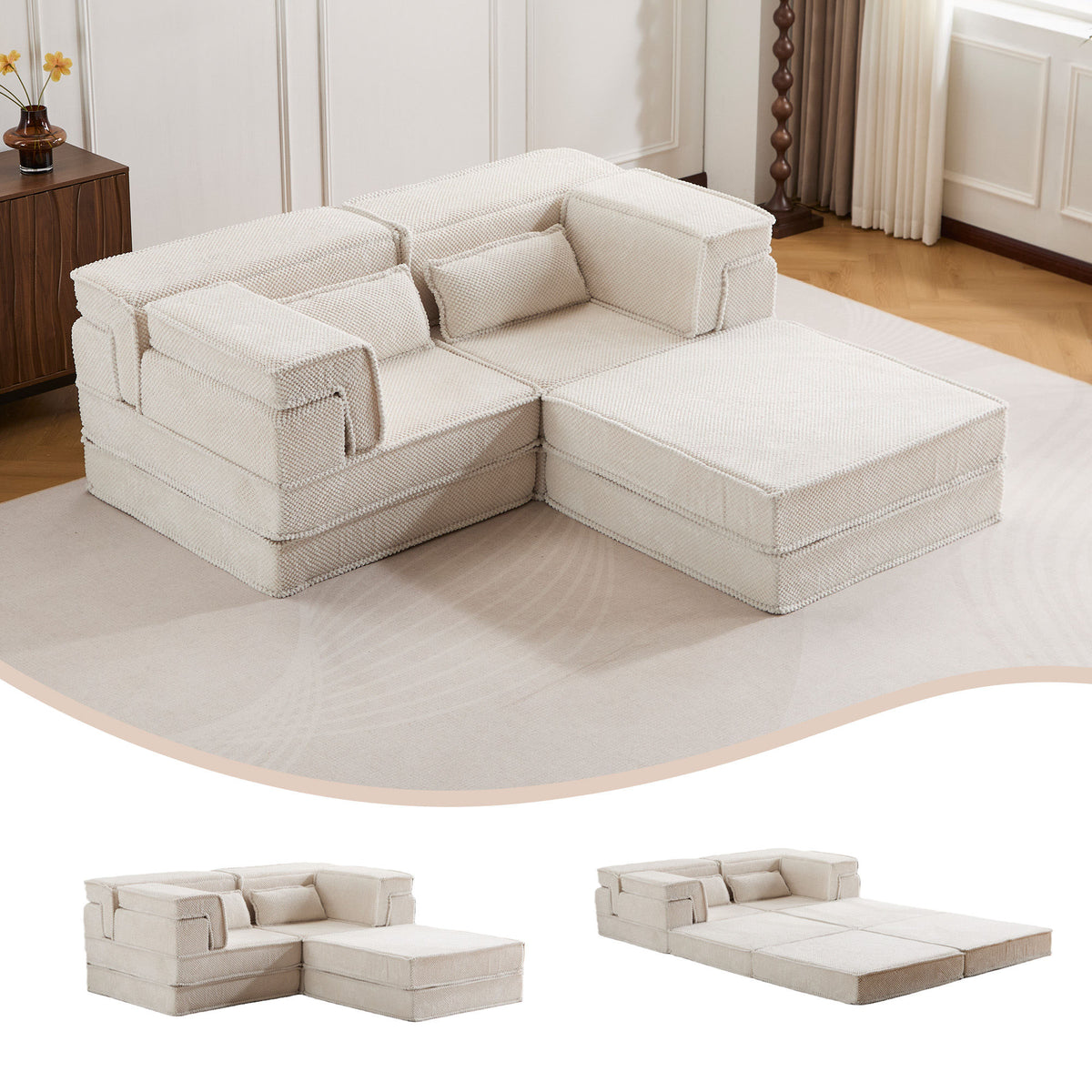 Compression Mahjong Sofa, Convertible Floor Sofa Bed, DIY Boneless Modular Sectional Sofa, No Assembly Required, Circle fleece fabric – Model W3723S00027