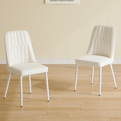 White dining chairs and living room chairs. Metal legs provide strong support, suitable for kitchens, living rooms, and restaurants.