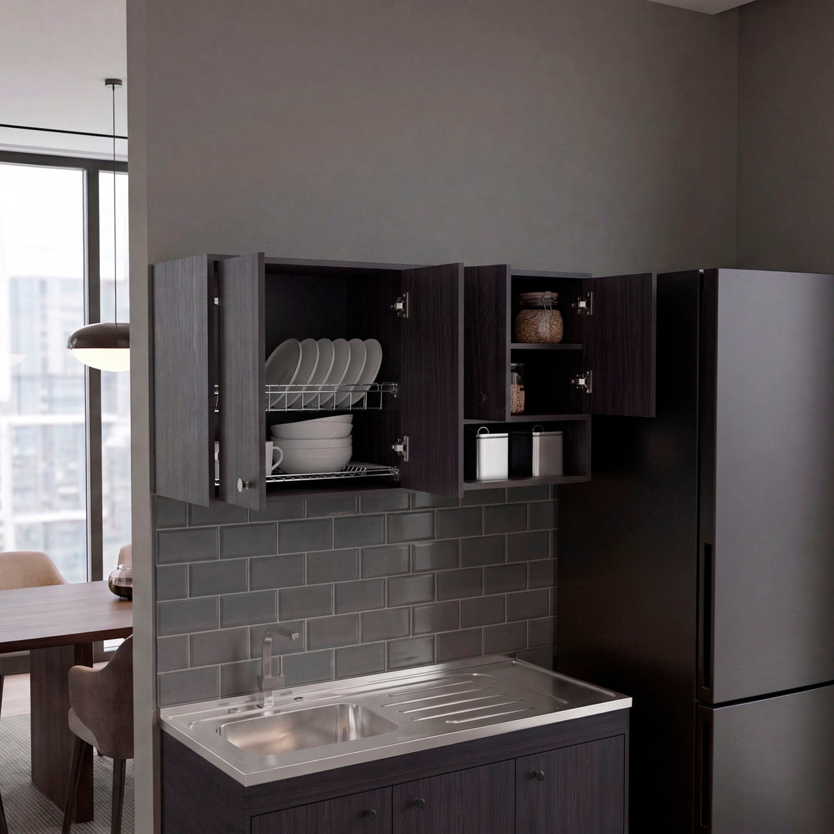 Napoleon Wall-Mounted Kitchen Cabinet with 4 Door Closed Storage Cabinets, Interior Shelves and Open Small Storage Space