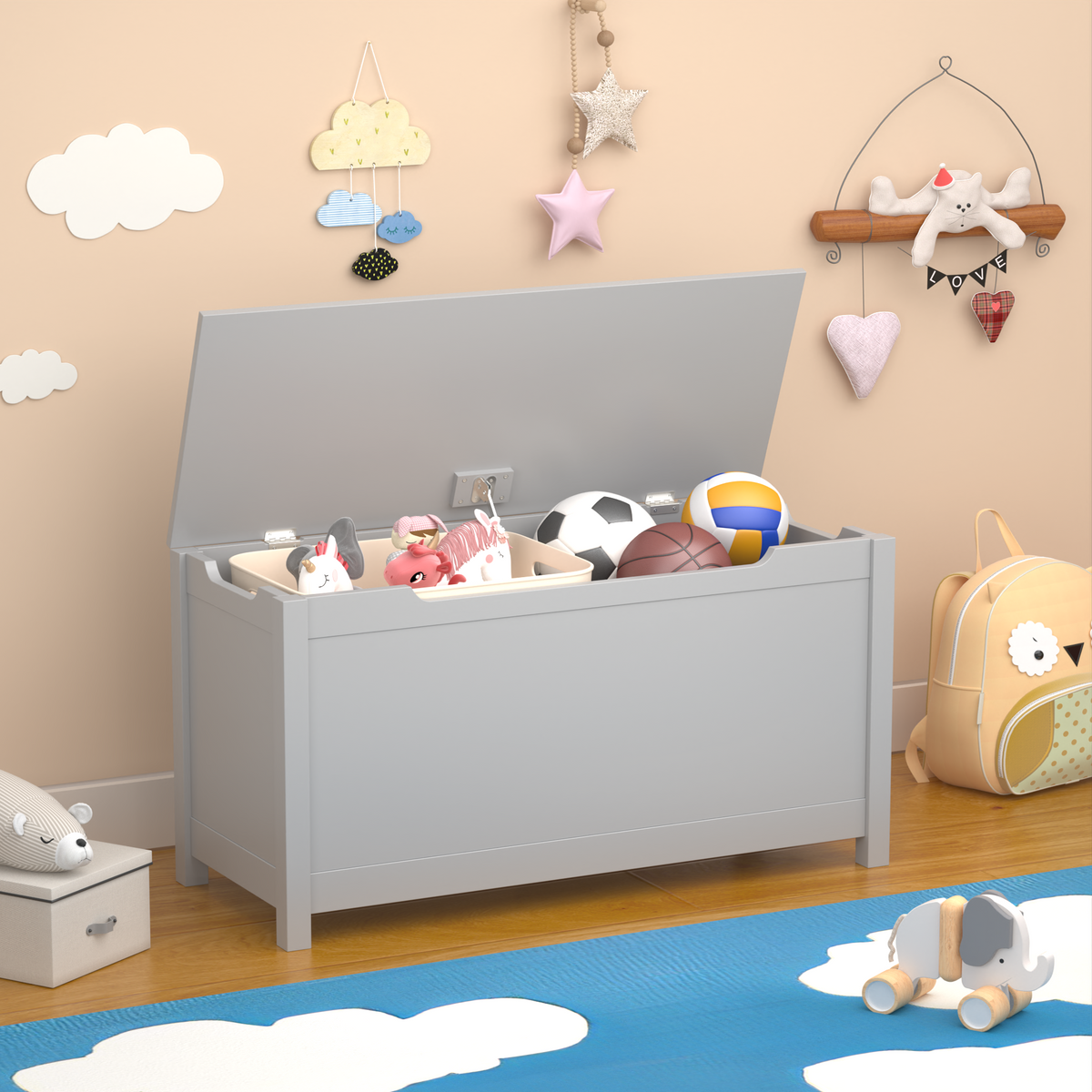 Kids Wooden Toy Box Storage with Safety Hinged Lid in Gray MDF for Ages 2+