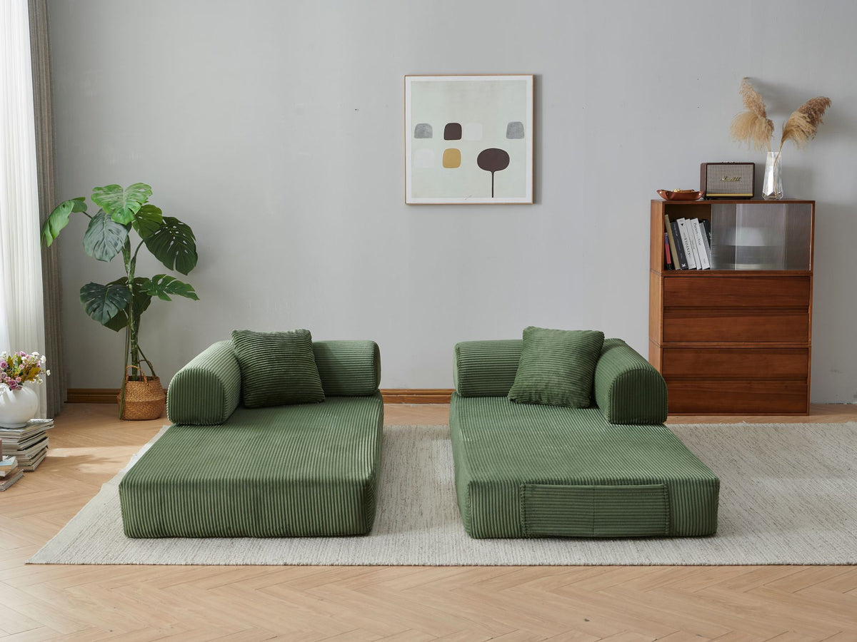 78.8' Compression Sofa,Convertible Floor Sofa Bed-with Pillow Back Support Armrest,Comfy Futon Couch Sleeper Bed,Loveseats Boneless Modular Sectional Sofa,Corduroy fabric,for Living Room,Bedroom,Green