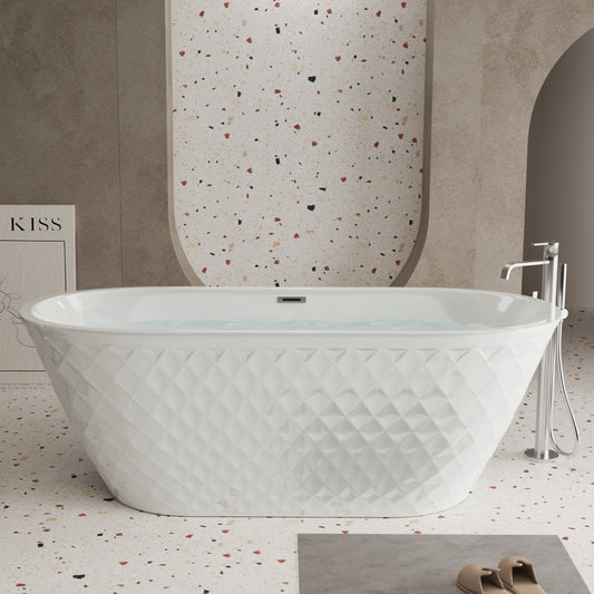 67'' acrylic freestanding bathtub with unique diamond pattern design: spacious oval shape,  Gloss white finish, Chrome overflow and pop-up drain CUPC Certificate