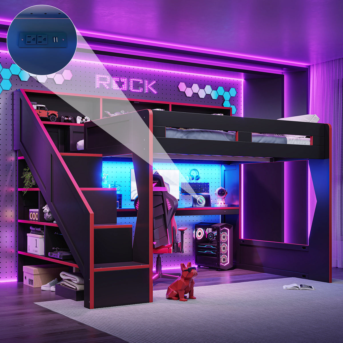 Queen Size Gaming Loft Bed with Storage Stair & Open Headboard Shelves, LED Light & USB Charging Desk, Elevated Loft Bed Frame with House-Shaped Cutout Design for Gamers,Black&Red