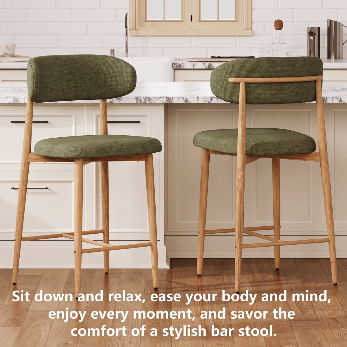Counter Height Bar Stools Set of 2, Upholstered Counter Stools Modern Barstools with Metal Legs for Kitchen Island Dining Room, Green