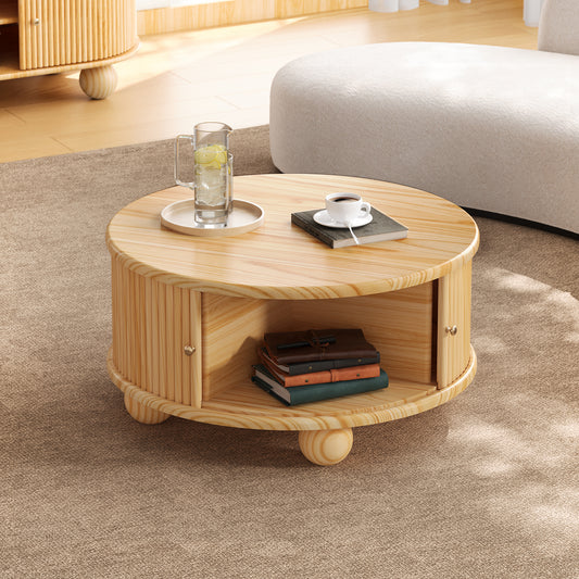 Round Fluted Coffee Table with Storage, Pine Solid Wood, Sliding Door, Natural, 31.8"