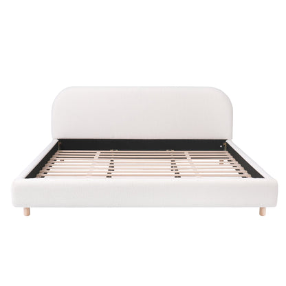 King Size Platform Bed with Boucle Fabric, Boucle Fabric Upholstered Platform Bed with Curve-Shaped Design Headboard, White, Easy Assembly