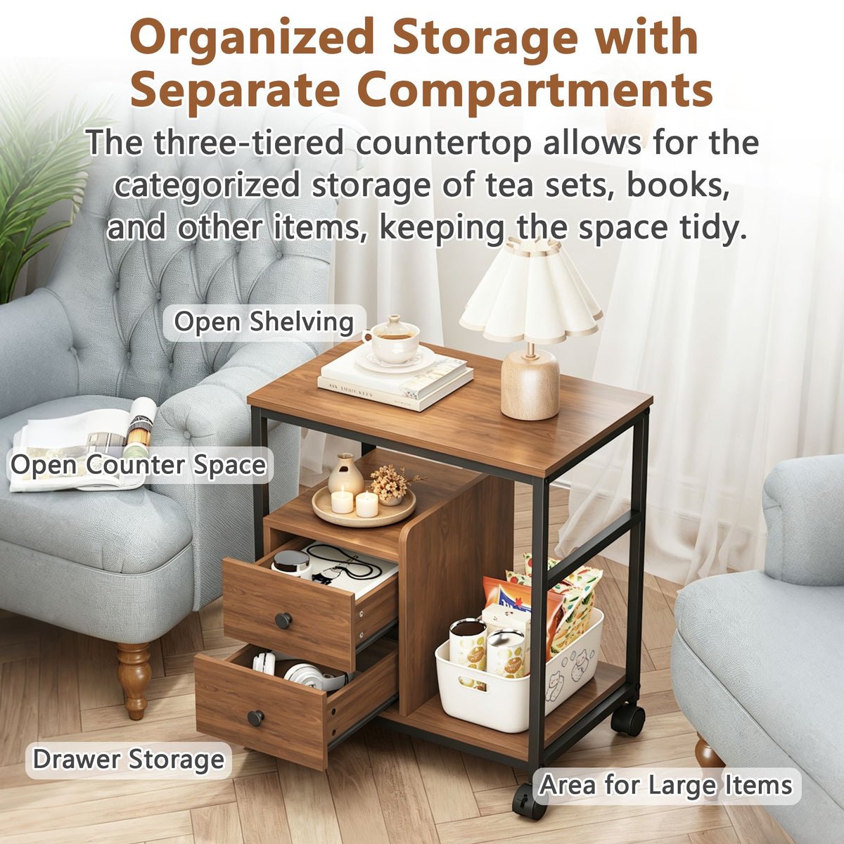 End Table with Wheels & Storage Drawers, Side Table,  Nightstand, Stable Metal Frame, Wood Top, for Bedroom Kitchen Living Room and Office, 14.9"D x 23.6"W x 25.7"H