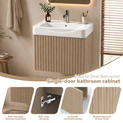 Wall Mount20' Light Oak Bathroom Vanity with Ceramic Sink with one faucet holes, Cabinet  Soft close doors  Pre-installed and completed