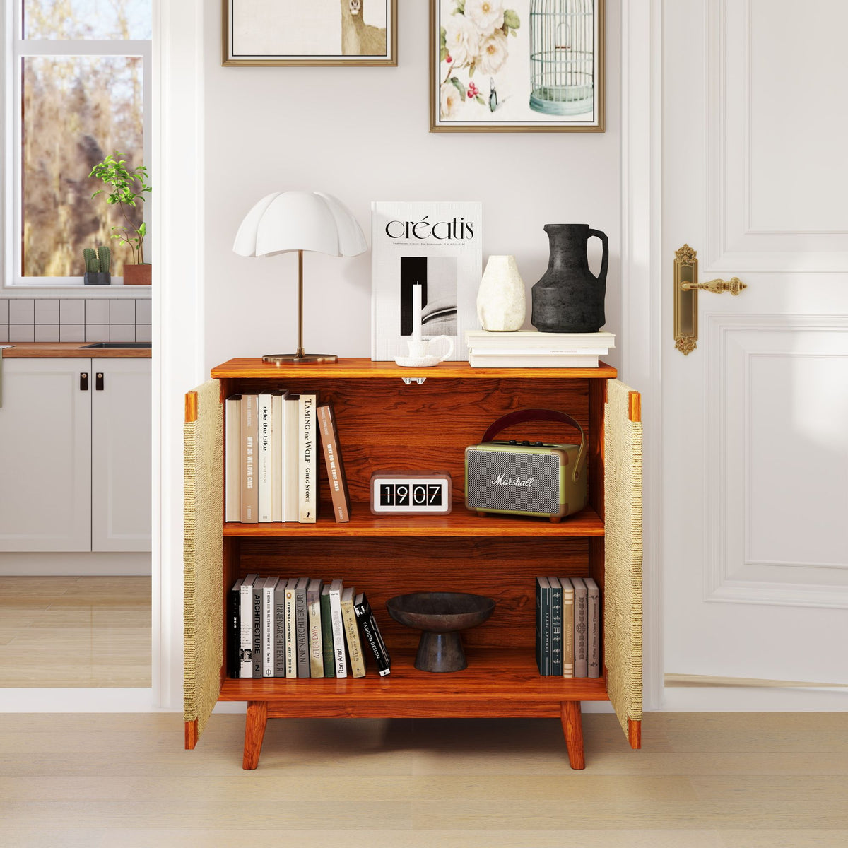 Mid Century Boho Freestanding Accent Cabinet, Handmade Paper Rope Woven Push-to-Open Double Doors, , Adjustable  Shelf, Sideboard Storage Cabinet for Kitchen Entryway  Living Room